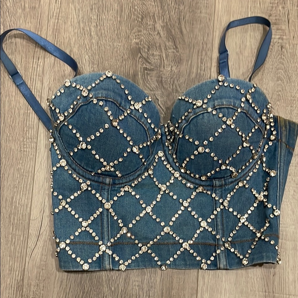 Studded Denim Bustier Top